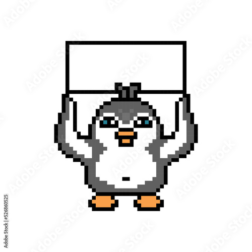 Penguin holding a blank poster up above his head, pixel art animal character isolated on white background. Old school retro 80s, 90s 8 bit slot machine, computer, video game graphics. Cartoon mascot.