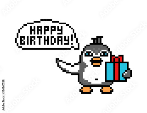 Penguin with a gift box saying "Happy Birthday!", cute cartoon pixel art animal character isolated on white background. Old school retro 80s, 90s 8 bit slot machine,  video game graphics. © Ksenia