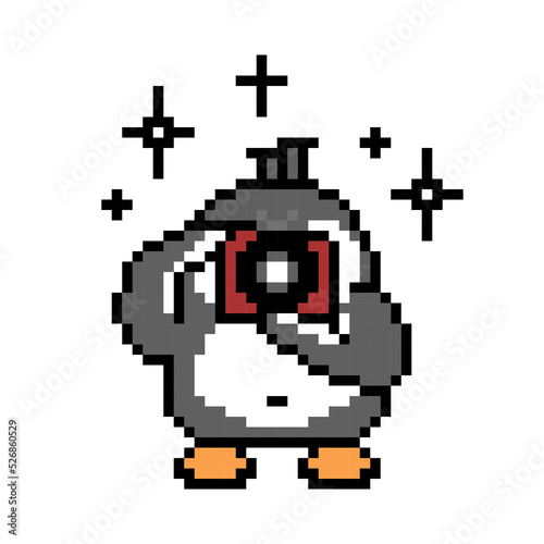 Penguin photographer taking a picture with a camera, pixel art animal character isolated on white background. Old school retro 80s-90s 8 bit slot machine, video game graphics. Cartoon paparazzi mascot