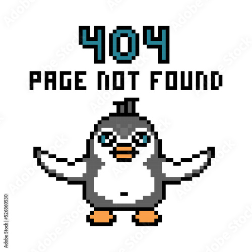 Pixel art "Page not found" message (error 404) with sad disappointed shrugging penguin character isolated on white background. Old school retro 80's, 90's 8 bit website search trouble banner template.