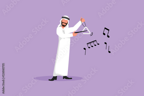 Business design drawing Arabian male musician playing musical triangle. Classical music orchestra man artist with instrument. Professional musician performs on stage. Flat cartoon vector illustration