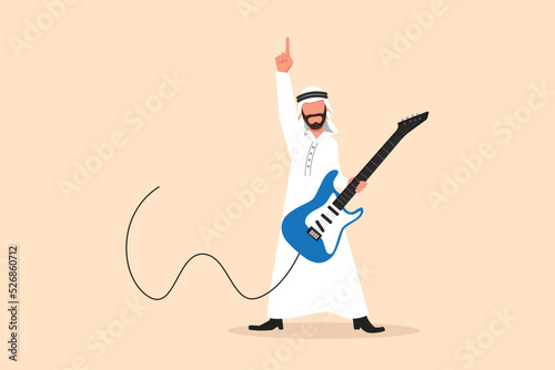 Business flat cartoon style drawing Arab male musician plays electric guitar. Man practicing in playing guitar. Guitarist perform playing music instrument on stage. Graphic design vector illustration