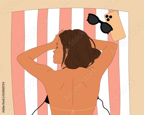 sunbathing woman person on towel on sand beach sunbath relax illustration vacation holidays sunglasses life brown rest iphone phone sun-tanned sunscreen blondie lying naked girl mockup
