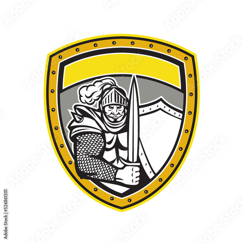 Knight Full Armor Open Visor Sword Shield Crest Retro