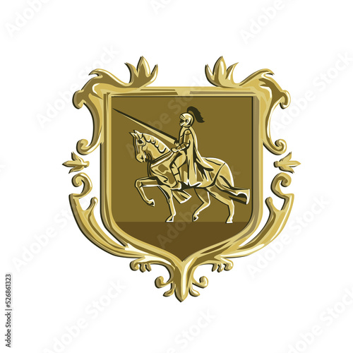 Knight Riding Steed Lance Coat of Arms Retro