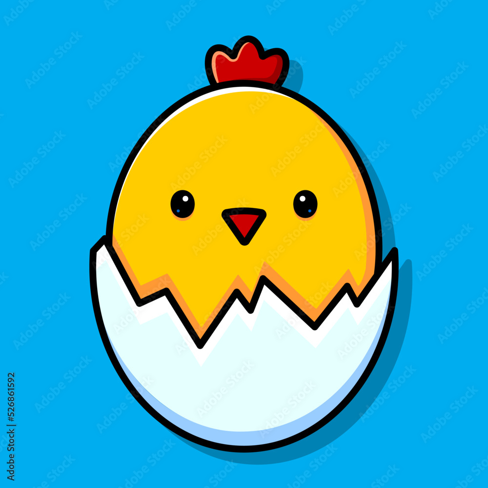 A yellow chick peeks out of an egg half. Vector illustration