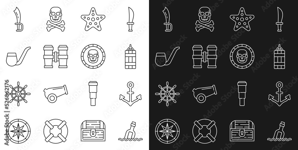 Set line Bottle with message in water, Anchor, Dynamite bomb, Starfish, Binoculars, Smoking pipe, Pirate sword and coin icon. Vector