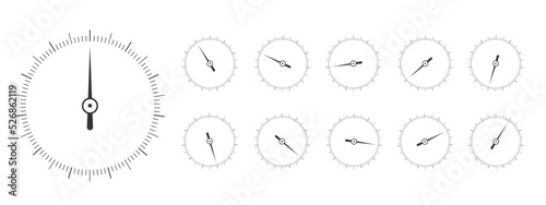 Set of round measuring scales with arrows in different positions. 360 degree templates of barometer, compass, circular ruler tool isolated on white background. Vector graphic illustration