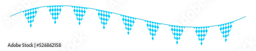 Oktoberfest bunting with triangle flags on waving string. Garland for German beer festival with blue and white rhombus pattern. Decoration for banner, flyer, card, poster. Vector flat illustration