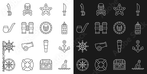 Set line Bottle with message in water, Anchor, Dynamite bomb, Starfish, Binoculars, Smoking pipe, Pirate sword and coin icon. Vector