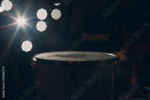 Print op canvas Close up drum sticks drumming hit beat rhythm on drum surface with splash water