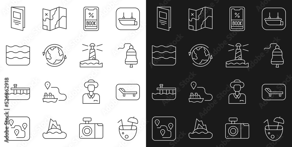 Set line Coconut cocktail, Sunbed and umbrella, Ship bell, Cruise ticket, Worldwide, Wave, Brochure and Lighthouse icon. Vector Set line Coconut cocktail, Sunbed and umbrella, Ship bell, Cruise ticket, Worldwide, Wave, Brochure and Lighthouse icon. Vector