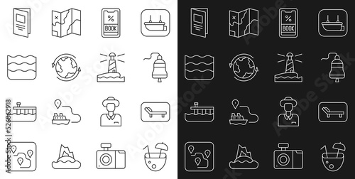 Set line Coconut cocktail, Sunbed and umbrella, Ship bell, Cruise ticket, Worldwide, Wave, Brochure and Lighthouse icon. Vector