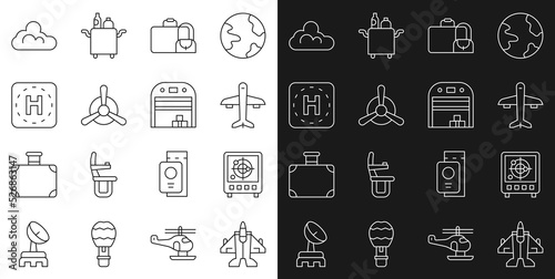 Set line Jet fighter, Radar with targets on monitor, Plane, Suitcase, propeller, Helicopter landing pad, Cloud weather and Aircraft hangar icon. Vector