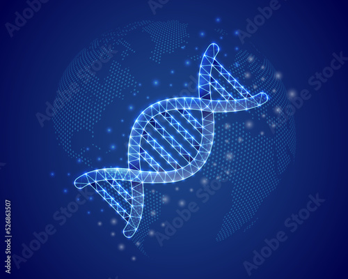 DNA spiral 3d low poly symbol with blue world map background. Science concept design illustration. Genetic helix polygonal symbol with connected dots