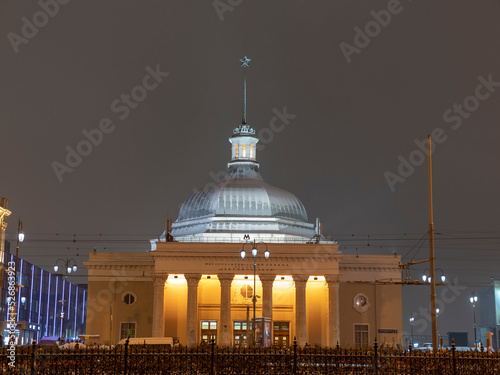 MOSCOW, RUSSIA - MAY 6, 2022: Komsomolskaya is Metro station. Building features spire crowned by star, imposing full-height portico with stylised Corinthian columns photo