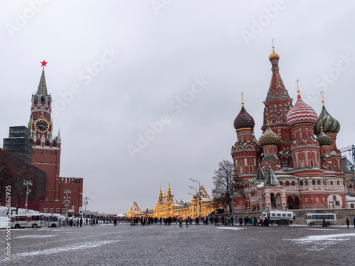 Spasskaya Tower of Moscow Kremlin at Red Square in winter Moscow Russia