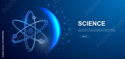 Atom 3d polygonal symbol for website template. Low poly Molecule illustration for promo banner design. Atomic neutron design illustration concept.