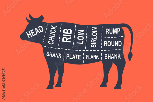 Cow diagram cuts. Butcher scheme poster. Cuts of bull meat. Meat diagram scheme illustration. Farm animal silhouette.