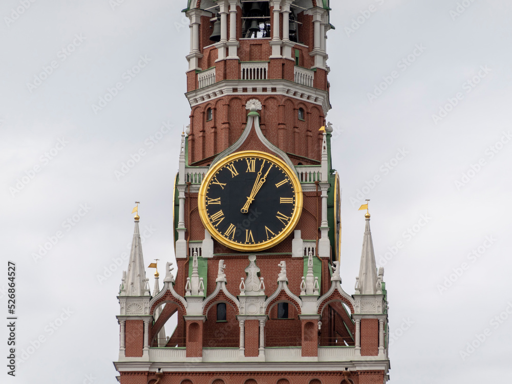MOSCOW , RUSSIA, June 10, 2019: Ruby star on the spire of the Spasskaya Tower of the Moscow Kremlin on June 10, 2019 in Moscow, Russia