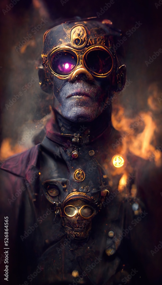 Steampunk horror scene with a scientist. Artistic abstract