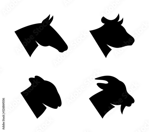 Farm animal head set. Horse, Goat, Sheep, Bull head silhouettes. Farm animal black icons isolated on white background.