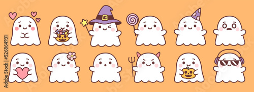 Set of cute ghosts cartoon kawaii Vector