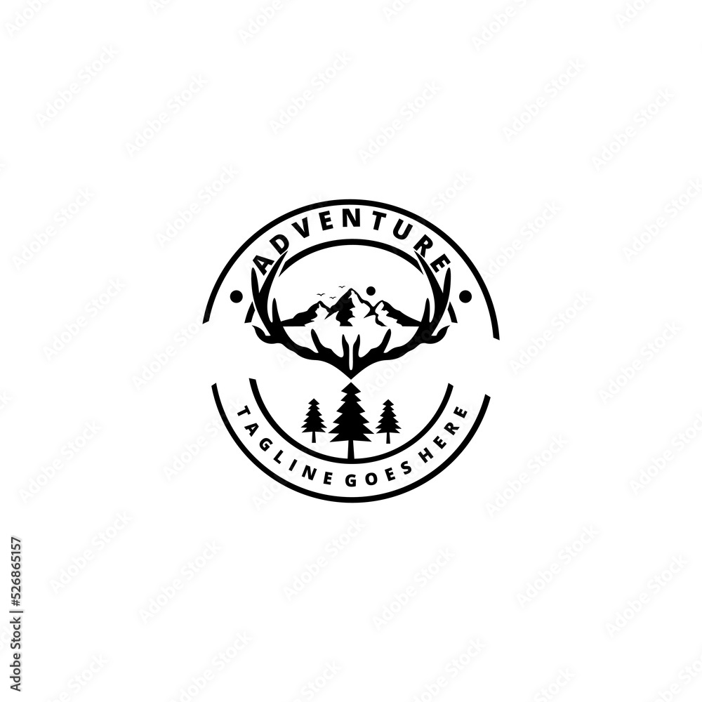 deer mountain logo with mountain on deer antlers. adventure community logo, outdoor apparel company logo, badge, sticker design deer mountain logo with mountain on deer antlers. adventure community logo, outdoor apparel company logo, badge, sticker design