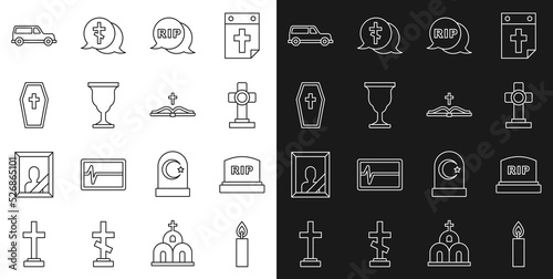 Set line Burning candle, Tombstone with RIP written, Grave cross, Speech bubble rip death, Christian chalice, Coffin, Hearse car and Holy bible book icon. Vector