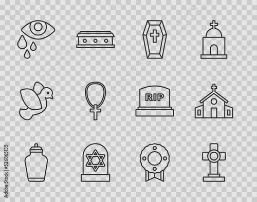 Set line Funeral urn, Grave with cross, Coffin, star david, Tear cry eye, Christian on chain, Memorial wreath and Church building icon. Vector