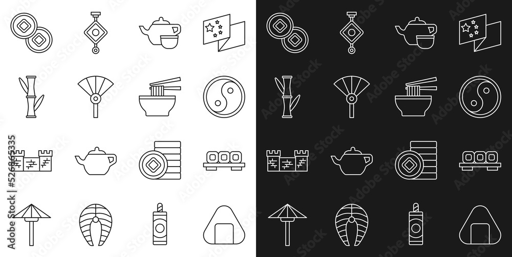 Set line Sushi, on cutting board, Yin Yang, Chinese tea ceremony, or japanese folding fan, Bamboo, Yuan currency and Asian noodles bowl icon. Vector