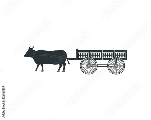 The traditional cow and cart silhouette design with isolated white background. black and white illustration