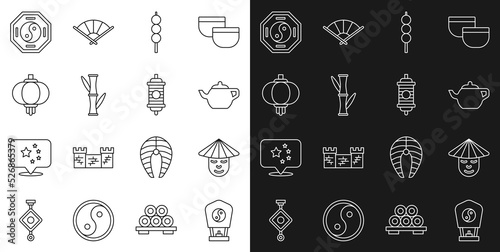 Set line Chinese paper lantern  man  tea ceremony  Meatballs wooden stick  Bamboo  Yin Yang and icon. Vector