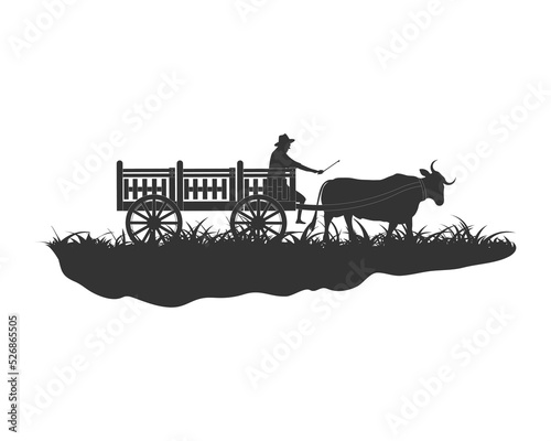 Farmer on cart cow carriage, traditional agricultural transportation design concept. Vector illustration isolated object on background