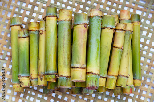 Sugar cane on bamboo weave background.