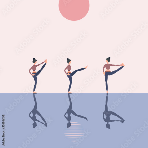 Sports support health and spiritual harmony, yoga three poses on the street near the water at noon.