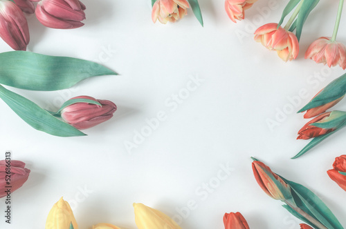 Frame of spring tulips in retro style on a light background. Top view, flat lay with copy space