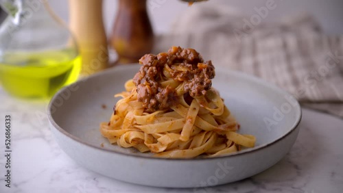 fettuccine ragu, traitional italian tomato sauce with beef photo