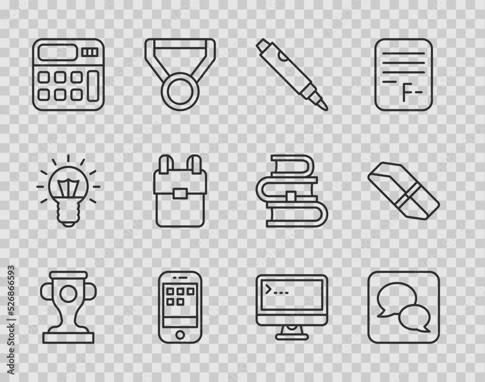 Set line Award cup, Speech bubble chat, Marker pen, Smartphone, Calculator, School backpack, Computer monitor and Eraser rubber icon. Vector Set line Award cup, Speech bubble chat, Marker pen, Smartphone, Calculator, School backpack, Computer monitor and Eraser rubber icon. Vector