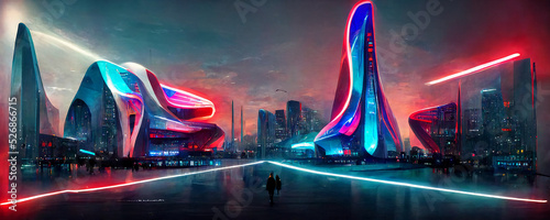 neon-lit buildings of the smart city metaverse world that will live in the future , 3d render metaverse world futuristic metaverse world with all electric pod city at night , district downtown photo