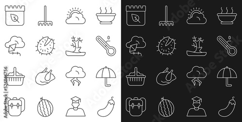 Set line Eggplant  Umbrella  Meteorology thermometer  Sun and cloud weather  Chestnut  Kite  Calendar with autumn leaves and Bare tree icon. Vector