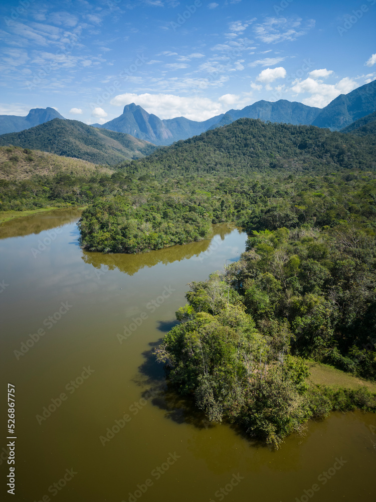 Beautiful aerial view to green rainforest lake with muddy water
