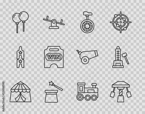 Set line Circus tent, Attraction carousel, Unicycle or one wheel bicycle, Magic hat and wand, Balloons with ribbon, ticket, Toy train and Striker attraction hammer icon. Vector