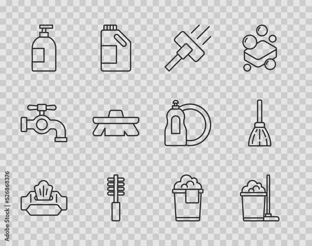 Set line Wet wipe pack, Mop and bucket, Vacuum cleaner, Toilet brush, Dishwashing liquid bottle, Brush for cleaning, Bucket with foam and Handle broom icon. Vector Set line Wet wipe pack, Mop and bucket, Vacuum cleaner, Toilet brush, Dishwashing liquid bottle, Brush for cleaning, Bucket with foam and Handle broom icon. Vector
