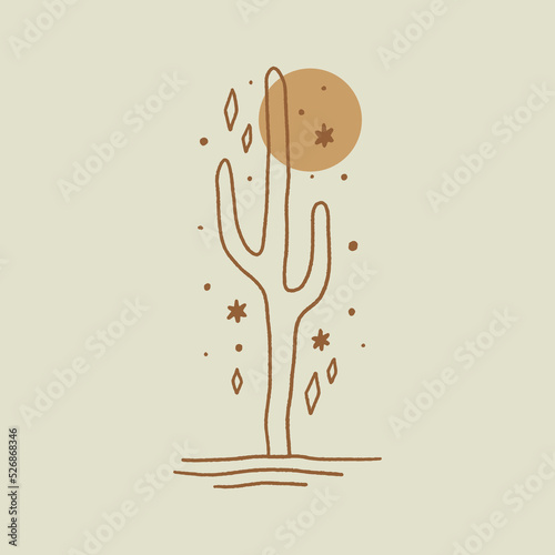 Minimalist modern line abstract wild cactus, contemporary meditative harmony landscape vintage desert Arizona concept. Vector and jpg printable image, unique boho clipart illustration, editable