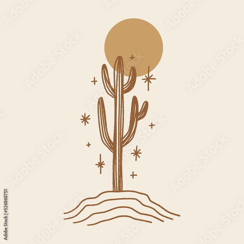 Modern abstract wild cactus silhouette, contemporary meditative harmony landscape minimalist vintage desert Arizona concept. Vector and jpg printable image, unique boho clipart illustration, editable