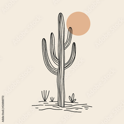 Modern abstract wild cactus silhouette, contemporary meditative harmony landscape minimalist vintage desert Arizona concept. Vector and jpg printable image, unique boho clipart illustration, editable
