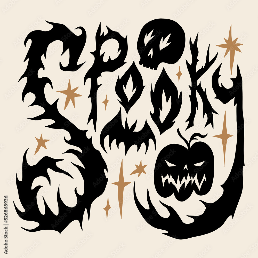 Spooky doodle hand drawn Halloween lettering sign isolated on white background. Vector and jpg printable image, unique boho clipart illustration, editable isolated details. Perfect for poster or Spooky doodle hand drawn Halloween lettering sign isolated on white background. Vector and jpg printable image, unique boho clipart illustration, editable isolated details. Perfect for poster or