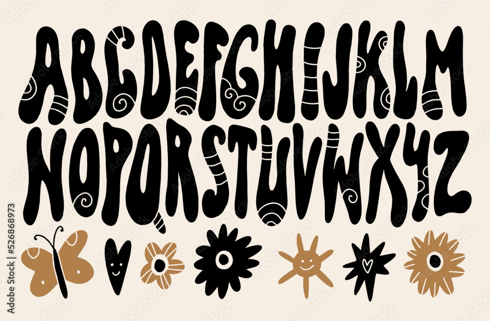 Hippie bohemian groovy postmodern funky font alphabet 1960s boho psychedelic style. Perfect for posters, collages, clothing, music albums and more. Vector clipart illustrations, isolated letters. Hippie bohemian groovy postmodern funky font alphabet 1960s boho psychedelic style. Perfect for posters, collages, clothing, music albums and more. Vector clipart illustrations, isolated letters.