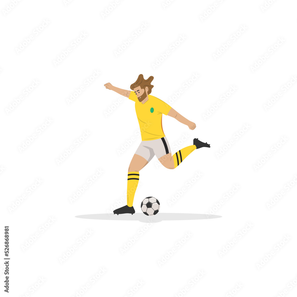 Jugador de fútbol de la Copa Mundial, vestimenta amarilla, pateando el balón. Hombre con ropa deportiva